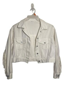 Source Unknown White Cropped Fringe Denim Jacket with flaws